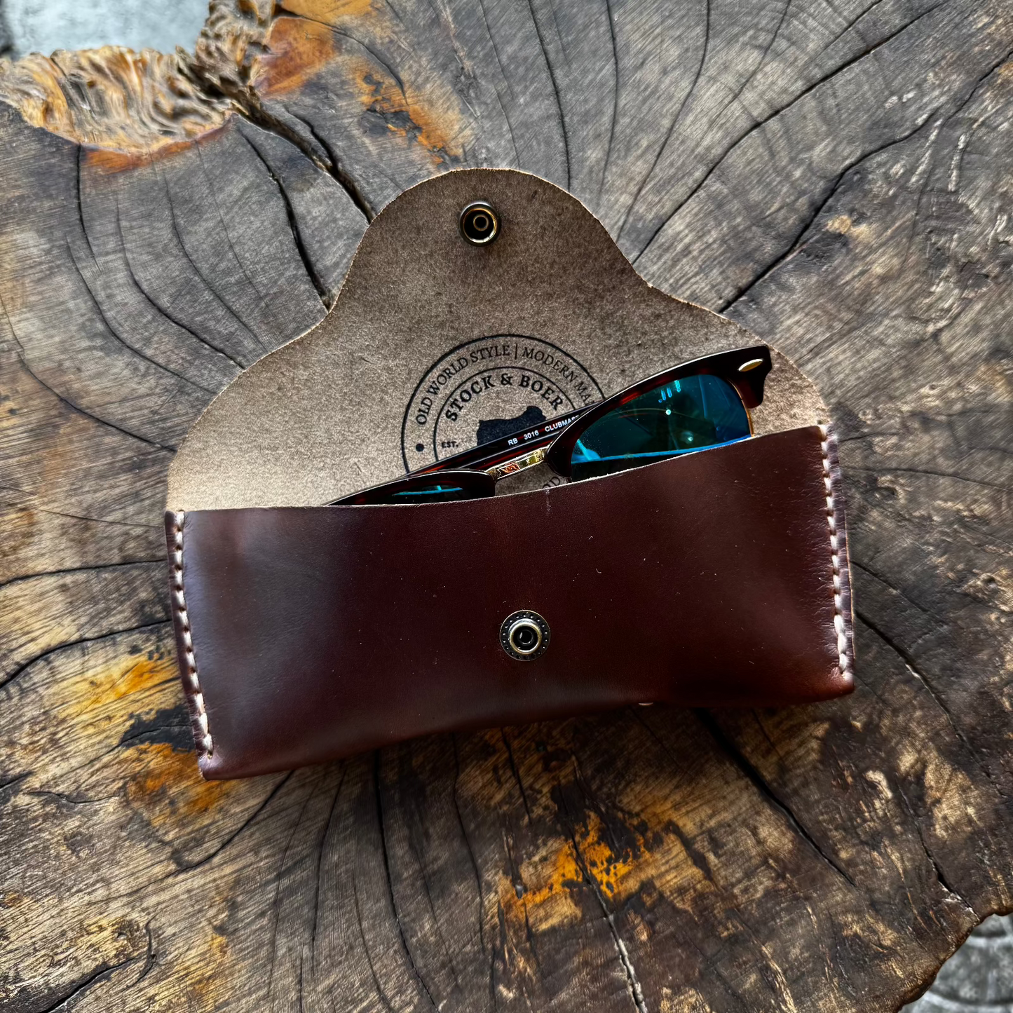 No. 7 Desperado Sunglass Case in Brown Horween Chromexcel Leather - on Tree Stump