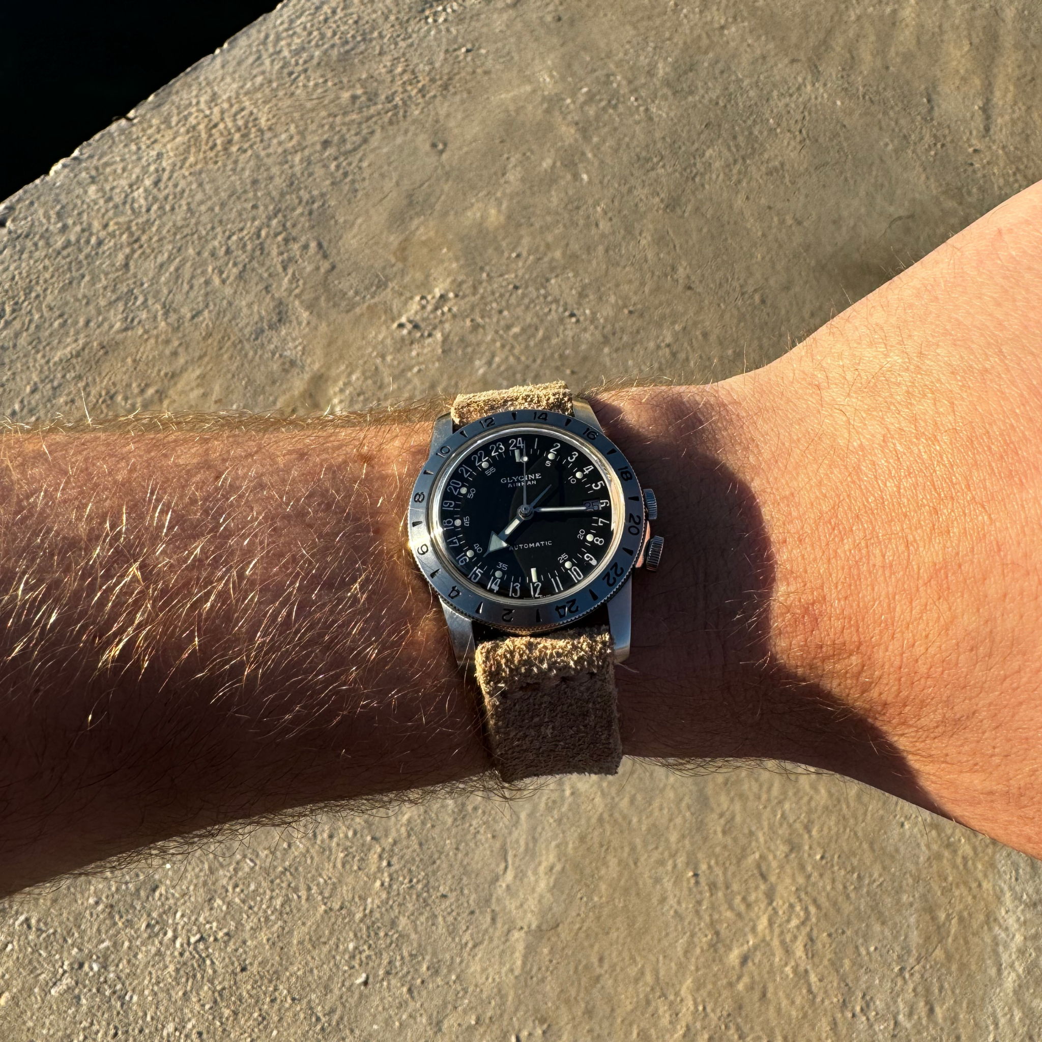 No. 53 Explorer Leather Watch Straps – Suede, On Wrist with Croatian Boardwalk Background