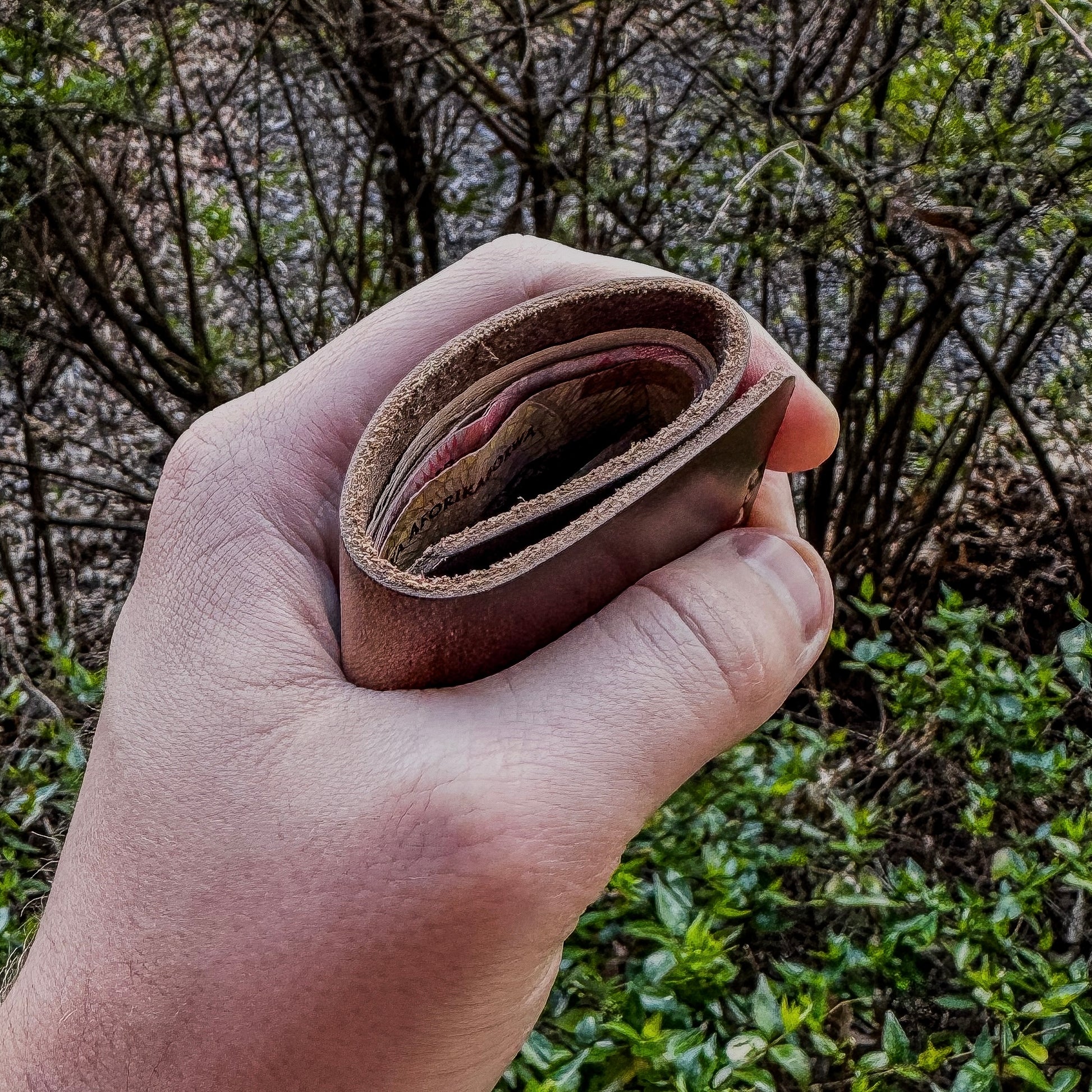 Hand holding a leather wallet wrapped with a natural background of trees and foliage