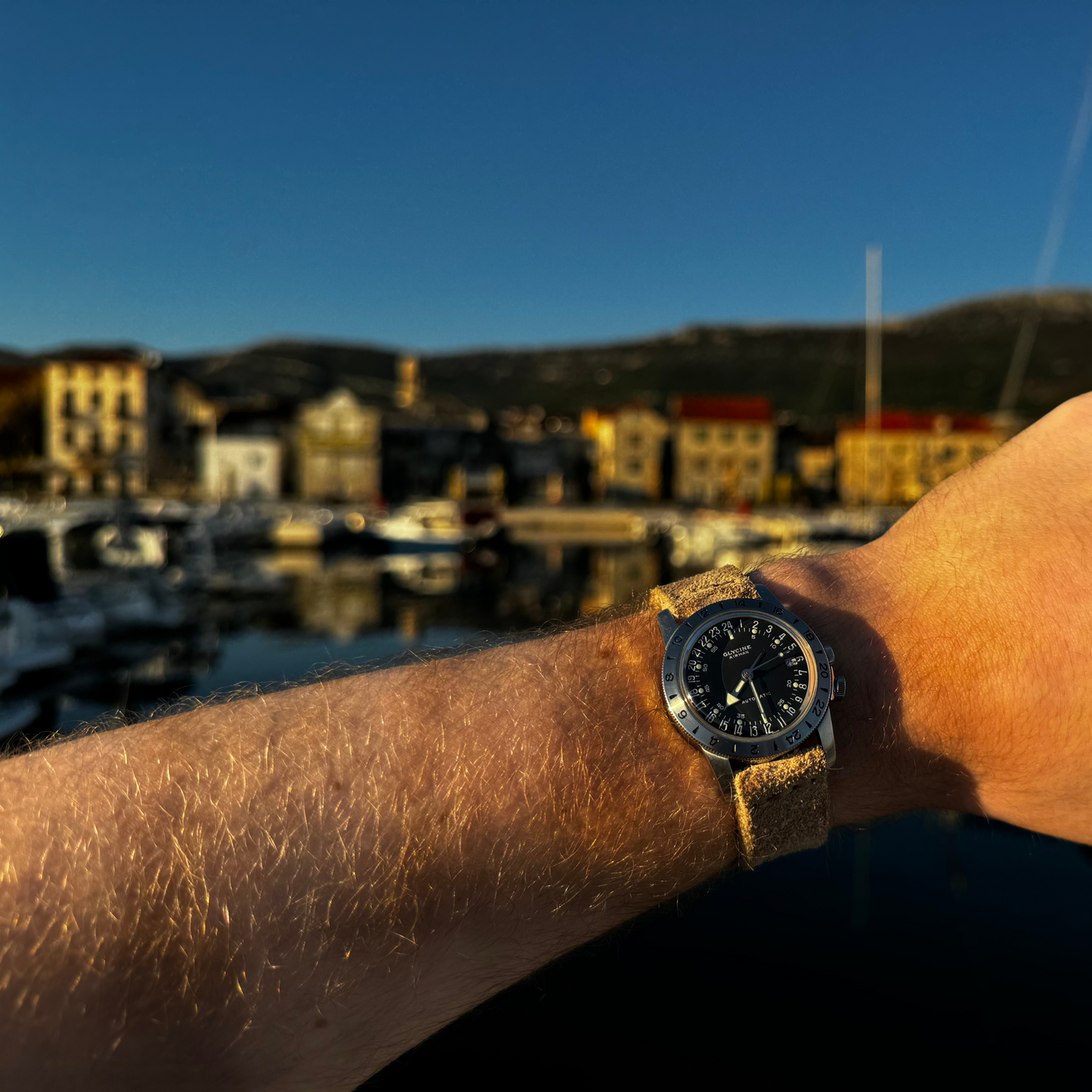 No. 1761 Coastline Leather Watch Straps - Suede, On Wrist with Croatian background 1