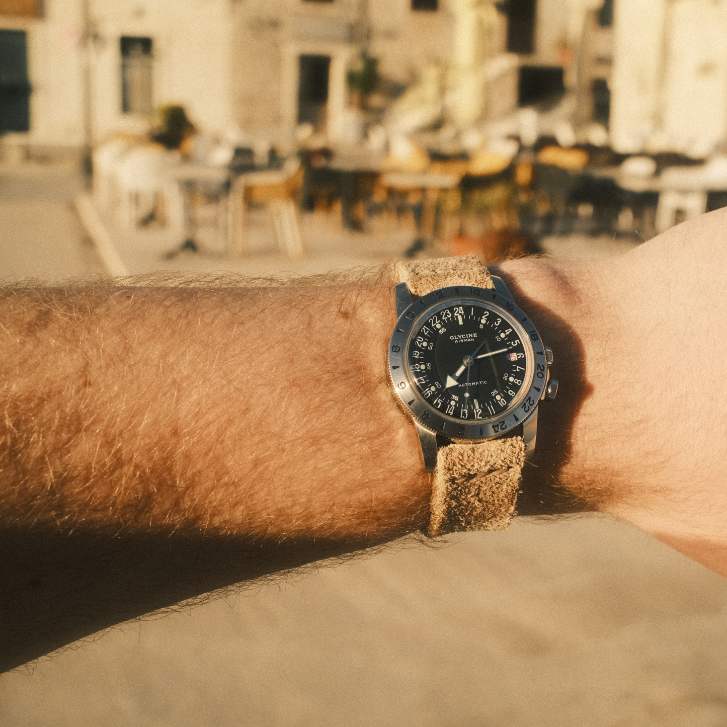 No. 1761 Coastline Leather Watch Straps - Suede, On Wrist with Croatian background 4