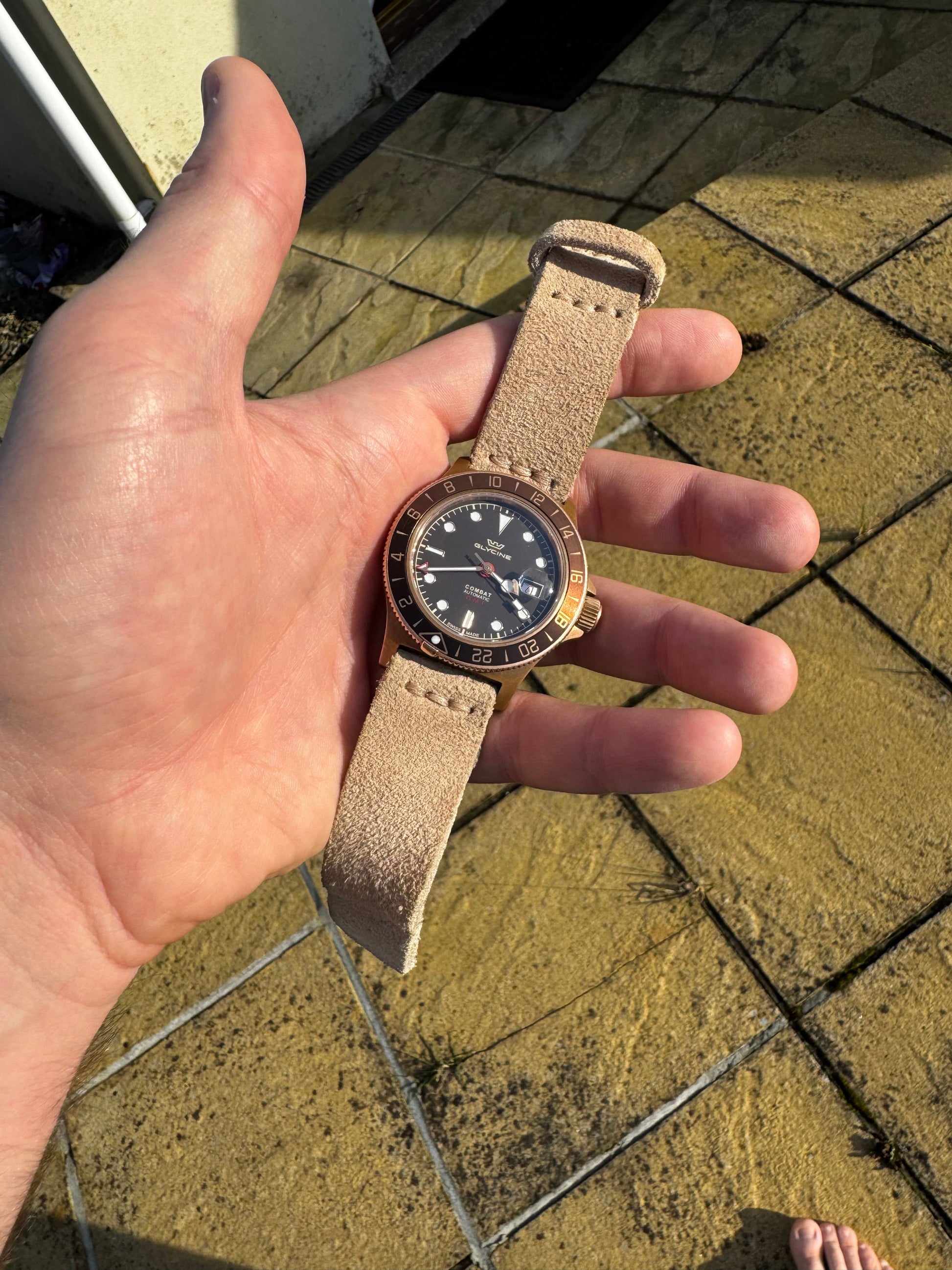 No. 1761 Coastline Leather Watch Straps - Suede, on Glycine Combat Sub , In Hand  - Image 