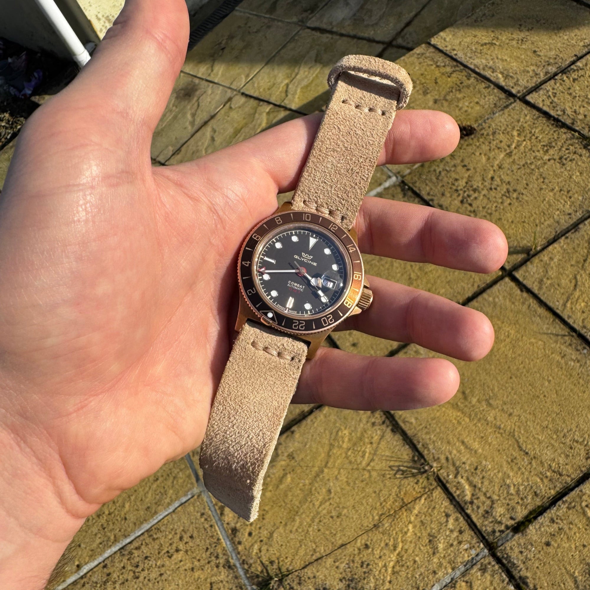 No. 53 Explorer Leather Watch Straps – Suede, on Glycine Combat Sub Watch, In Hand – Image