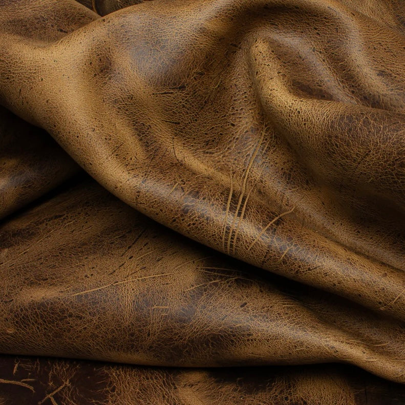 Close-up view of a premium Shamwari Kudu leather hide from C.F. Stead & Co, showcasing the distinct, rugged natural grain, intricate texture, and unique, character-filled finish of this exceptional exotic leather.
