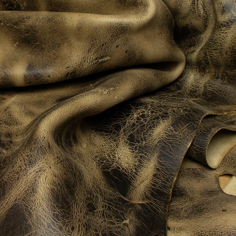 Close-up view of a premium Tanganyika Kudu leather hide from C.F. Stead & Co, showcasing the distinct, rugged natural grain, intricate texture, and deep, character-filled finish of this exceptional exotic leather.