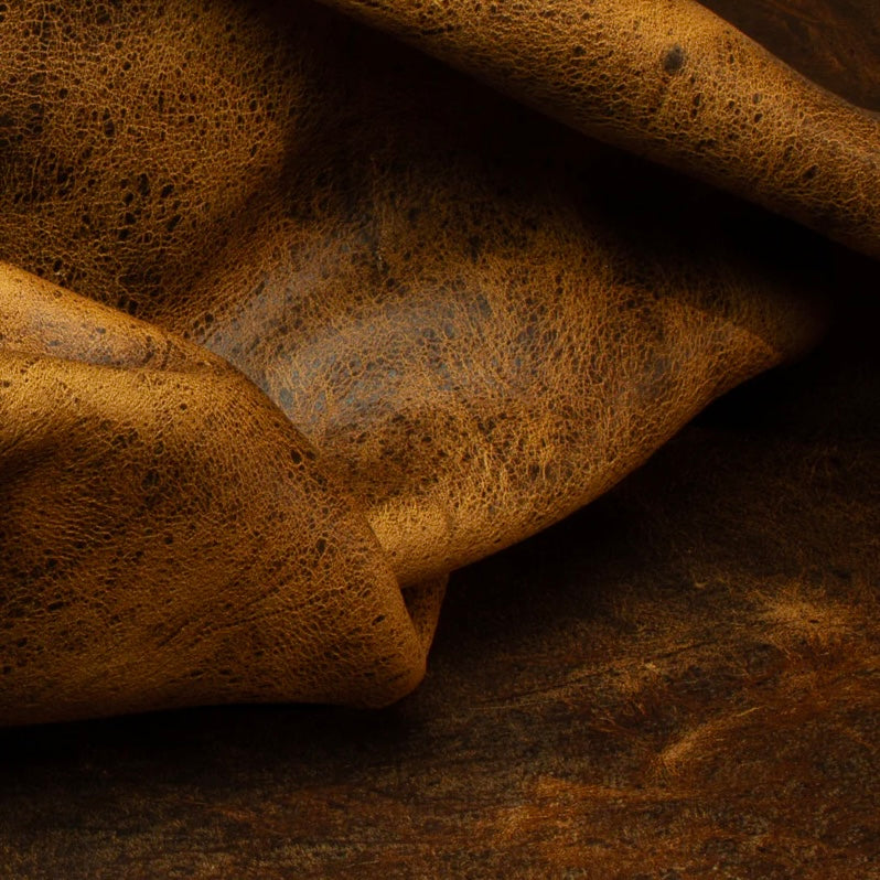 Close-up view of a premium Zanzibar Kudu leather hide from C.F. Stead & Co, showcasing the distinct, rugged natural grain, intricate texture, and unique, character-filled finish of this exceptional exotic leather.