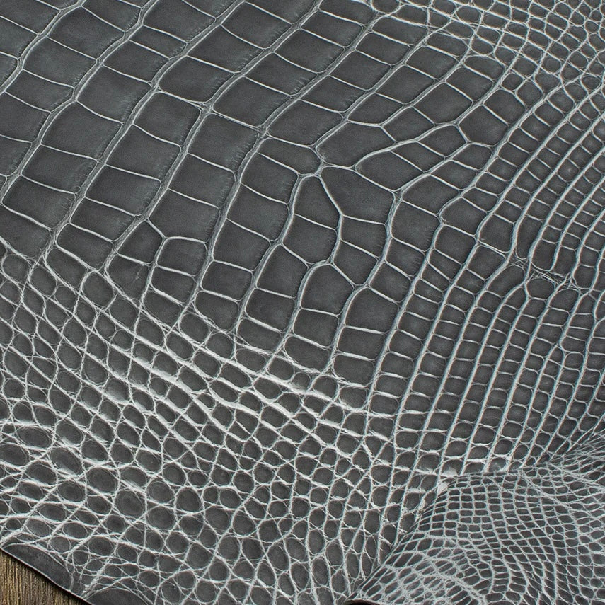 Macro texture shot of a premium Ghost grey HCP Tannery alligator hide, focusing on the intricate, geometric pattern and natural depth of the exotic scales.