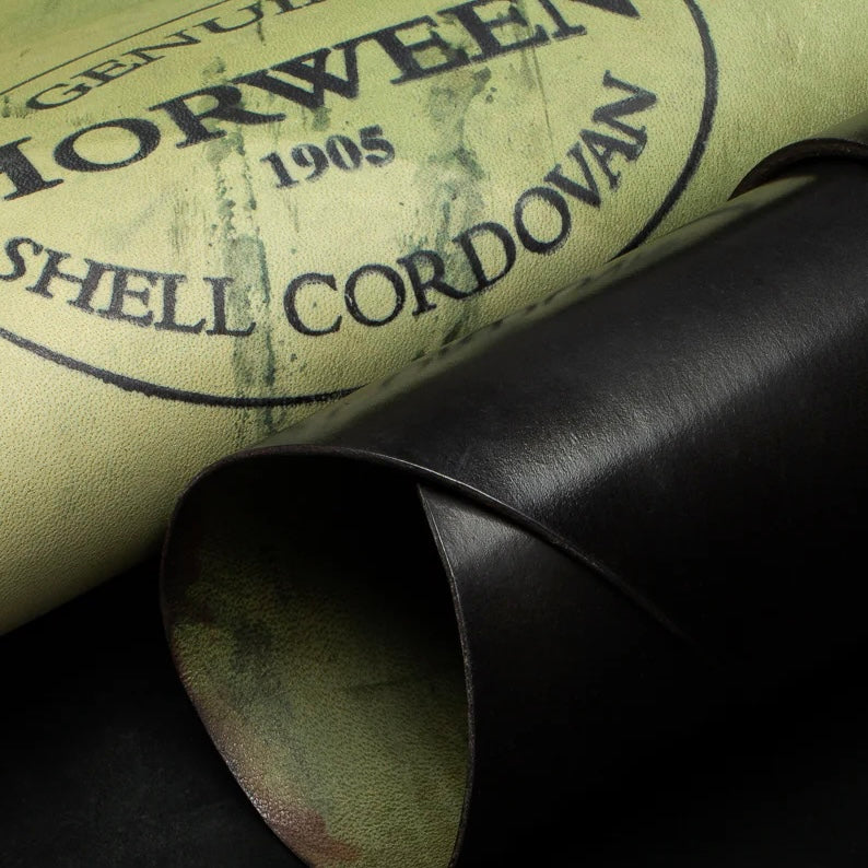 Detailed view of premium Horween Black Shell Cordovan leather, showcasing the authentic Genuine Horween Shell Cordovan 1905 maker's stamp on the reverse side.