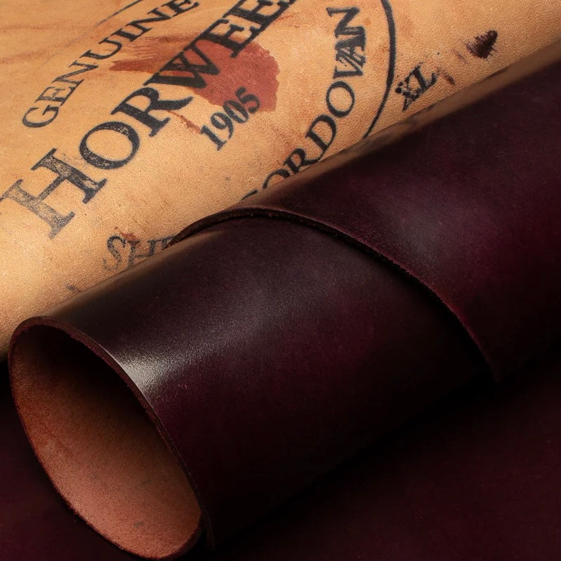 Detailed view of premium Horween Burgundy Shell Cordovan leather, showcasing the authentic Genuine Horween Shell Cordovan 1905 maker's stamp on the reverse side.