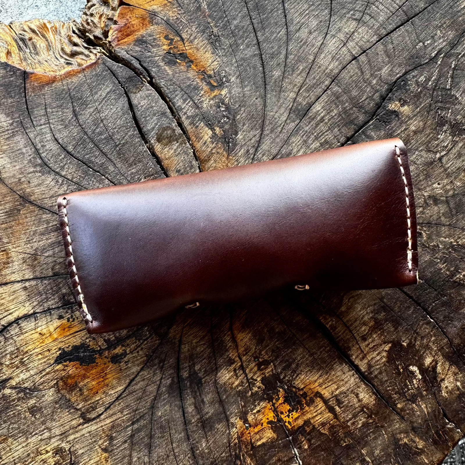 The back view of a closed dark brown No. 7 DESPERADO Sunglass Case, showcasing its smooth leather construction and edge stitching on a tree stump.