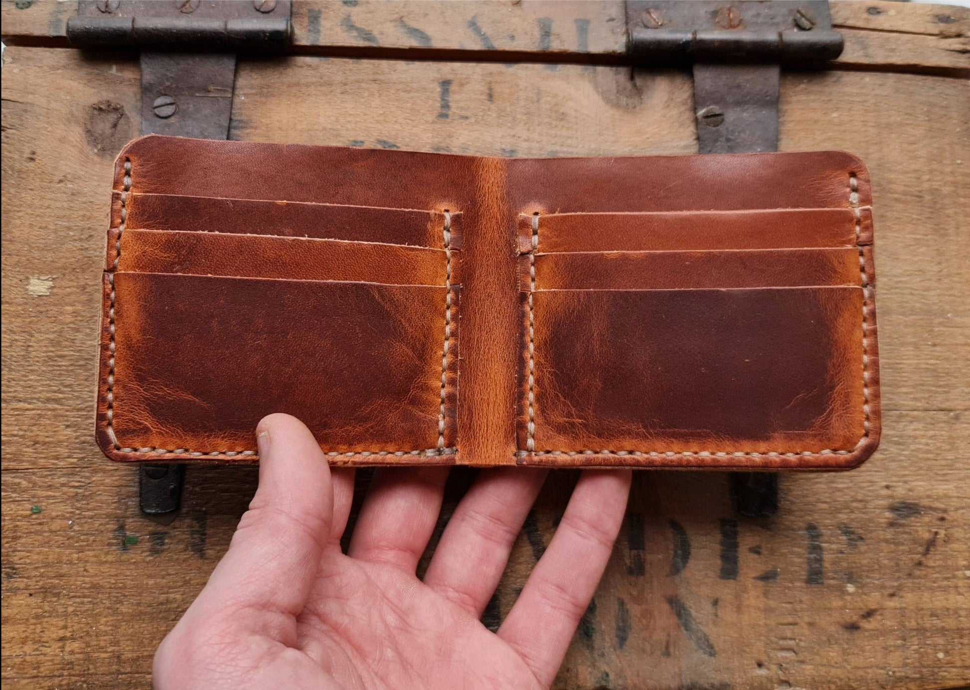 No. 2 Frontiersman Leather Bifold Wallet, Horween English Tan Dublin Leather, Front Open