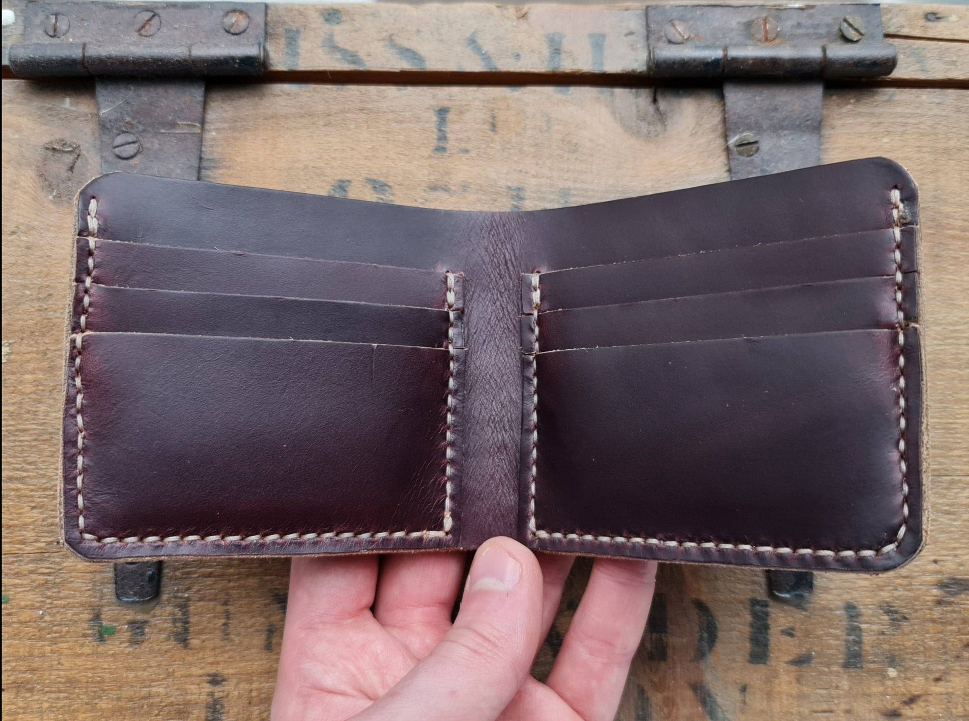 No. 2 Frontiersman Leather Bifold Wallet, Horween Burgundy Chromexcel Leather, Front Open