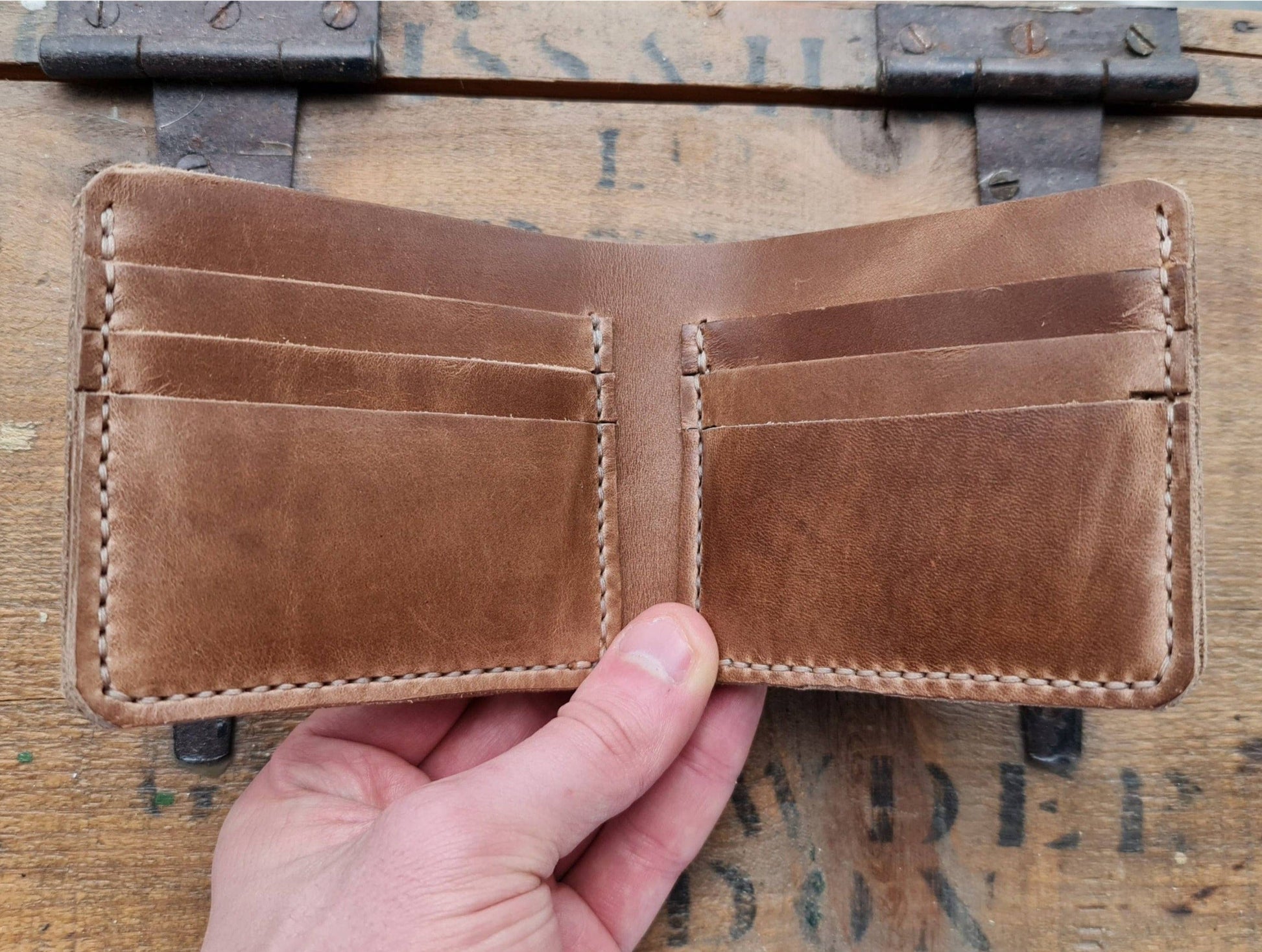 No. 2 Frontiersman Leather Bifold Wallet, Horween Natural Chromexcel Leather, Front Open