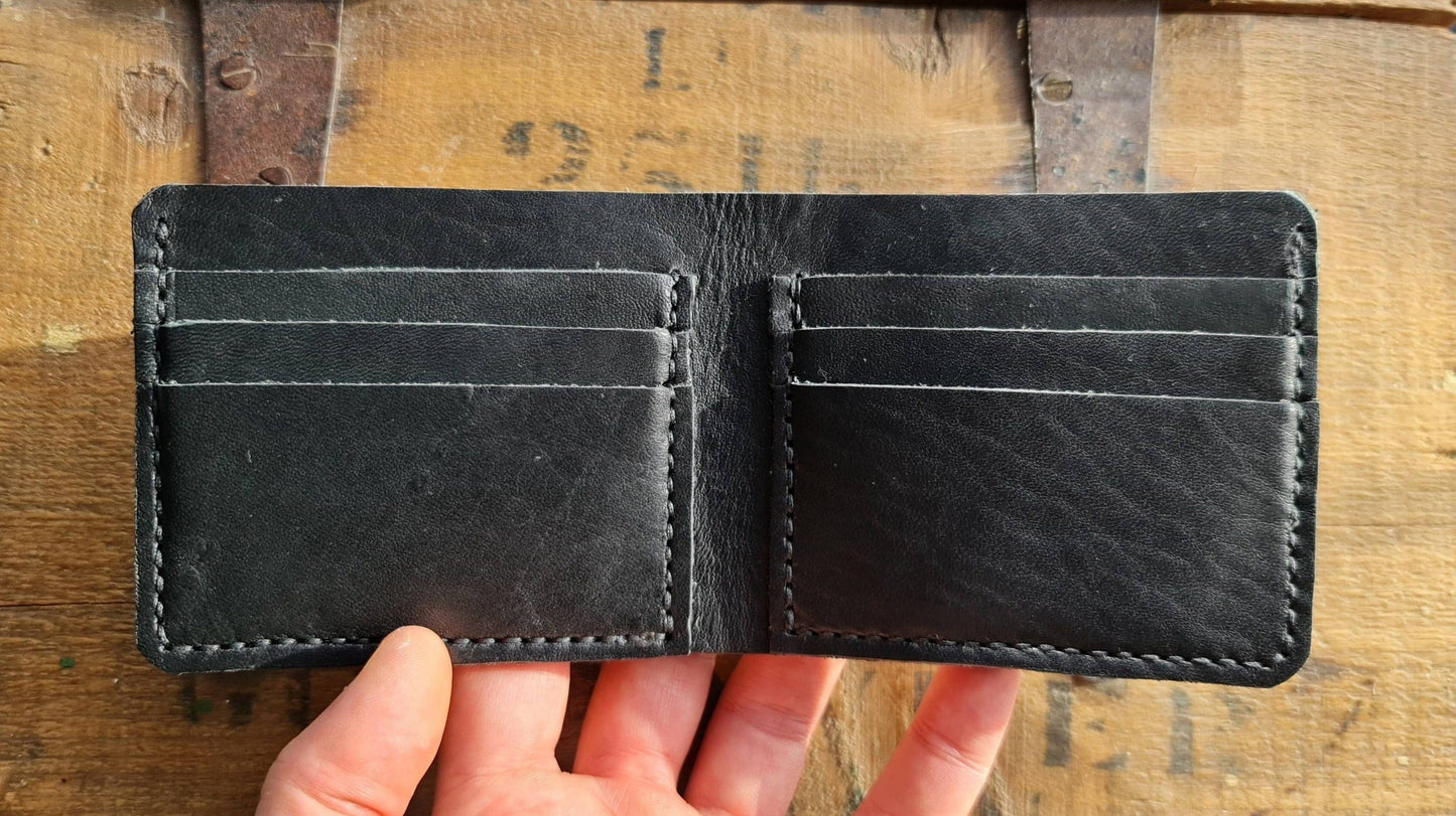 No. 2 Frontiersman Leather Bifold Wallet, Horween Black Dublin Leather, Front Open