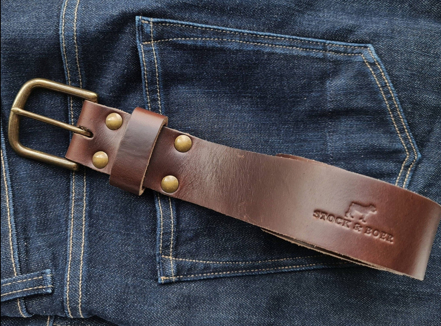 No. 8 Vaquero Full Grain Leather Belt, Horween Brown Chromexcel Leather, Side on Jeans