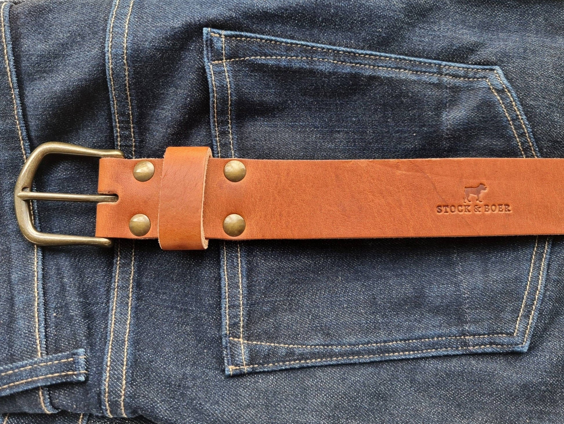 No. 8 Vaquero Full Grain Leather Belt, Horween English Tan Dublin Leather, Side on Jeans