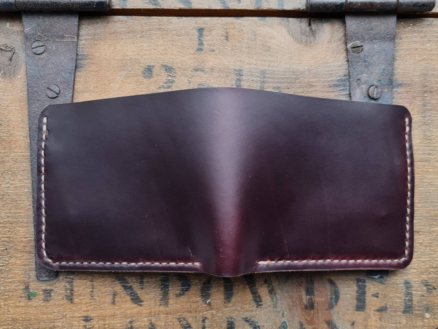 No. 2 Frontiersman Leather Bifold Wallet, Horween Burgundy Chromexcel Leather, Back Open